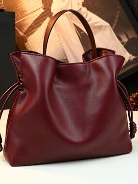Burgundy Soft PU Leather Drawstring Bucket Bag - Large Capacity - Magnetic Snap